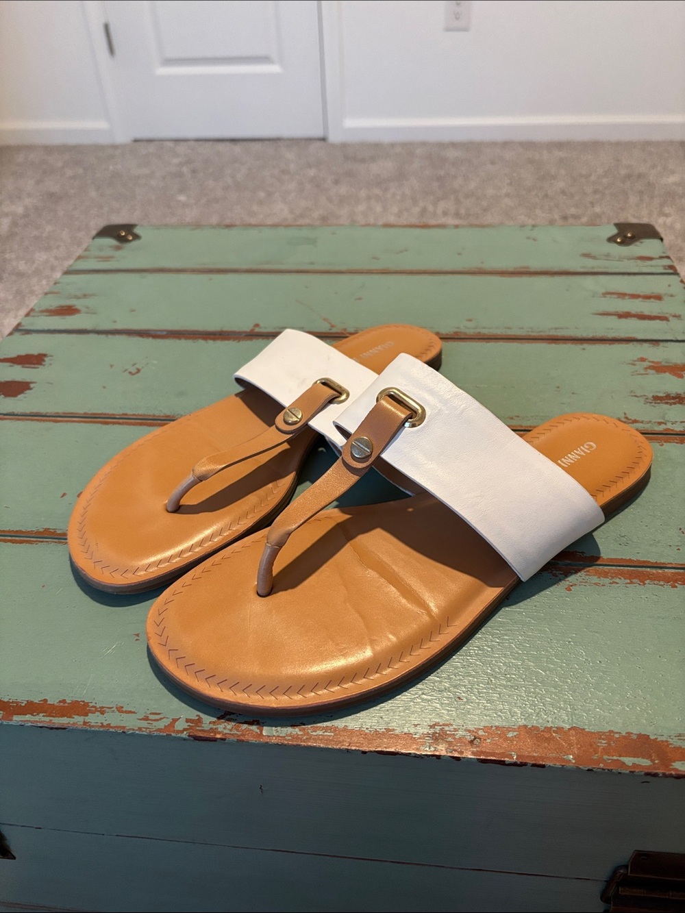 Gianni Bini White and Tan Toe-Post Slide Sandals